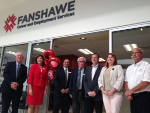 Fanshawe College representatives Bruce Babcock, left, Susan Cluett, Mike Amato and Ross Fair pose with MPP Jeff Yurek, Mayor Heather Jackson and Elgin County Warden Paul Ens at the grand opening of the Fanshawe Career and Employment Services office in Elgin Mall.
